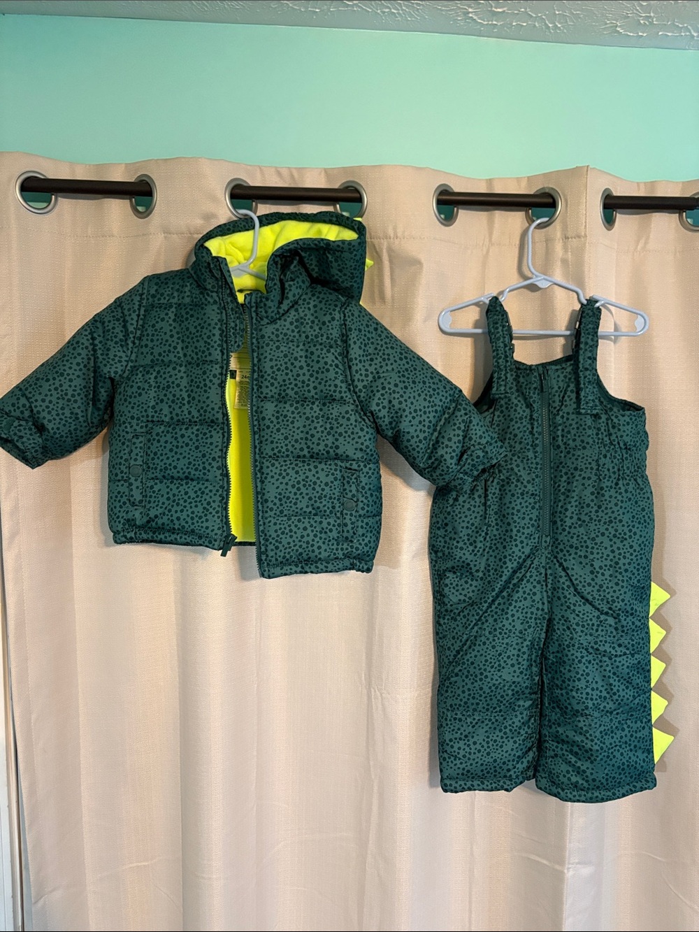 Toddler Dark Green Puffer Jacket and Snow Bib Set with Neon Yellow Fleece Lining